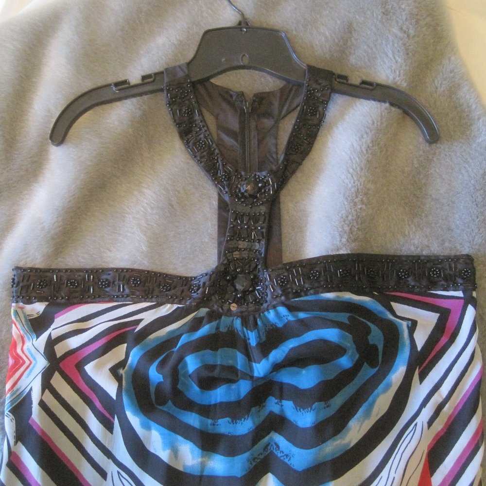 AUTHENTIC ICON SWIRL PRINT BEADED EMBELLISHED HALTER MAXI DRESS XL EUC $98.00
